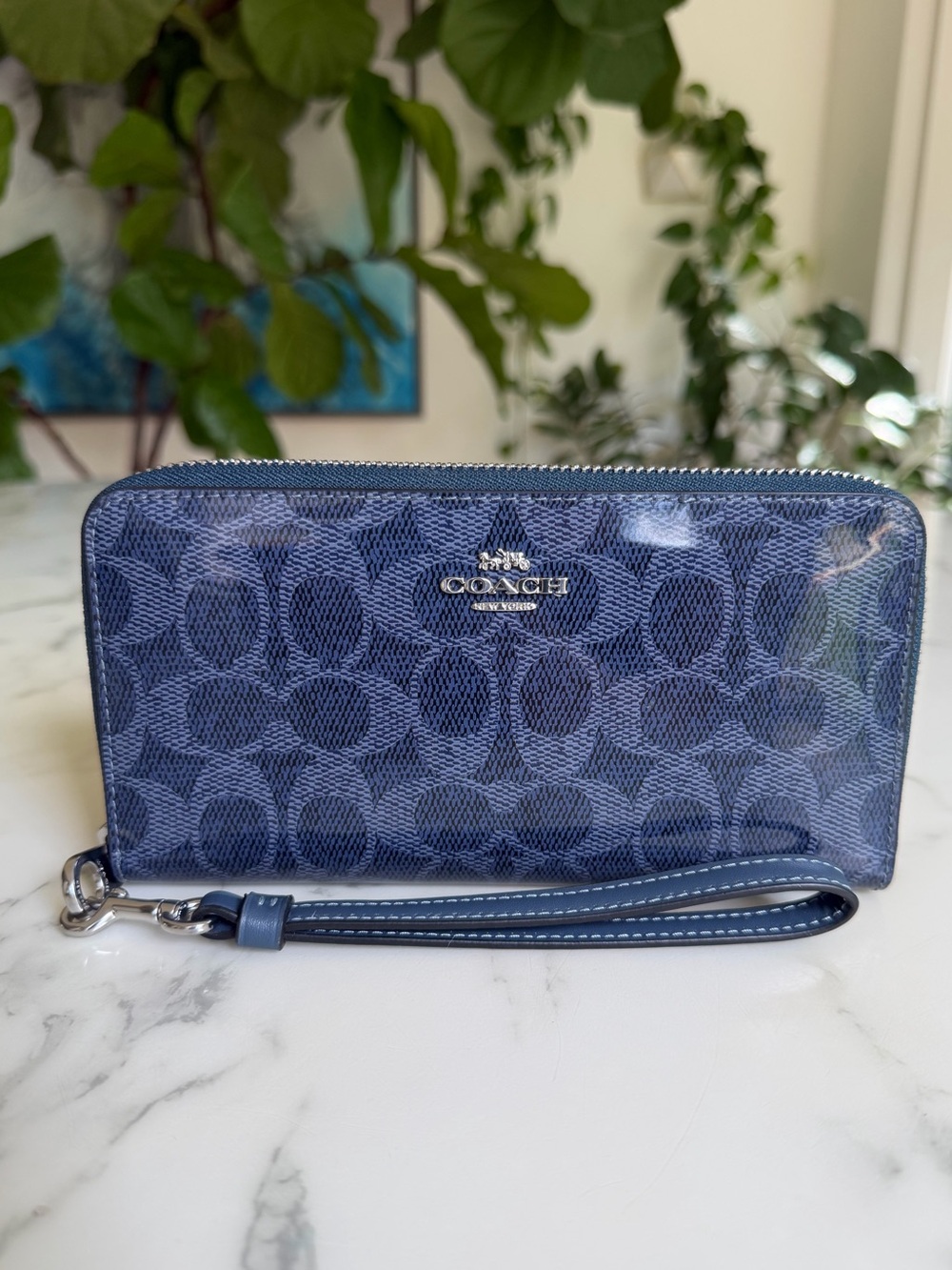 Coach Long Zip Around Wallet In Signature Canvas CAO78 Silver Dark Denim Blue